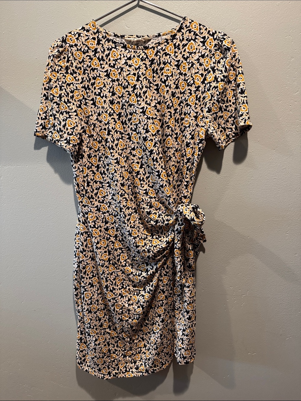 Boden Floral Tie-Waist Short Sleeve Cotton Blend Dress in Black and Yellow